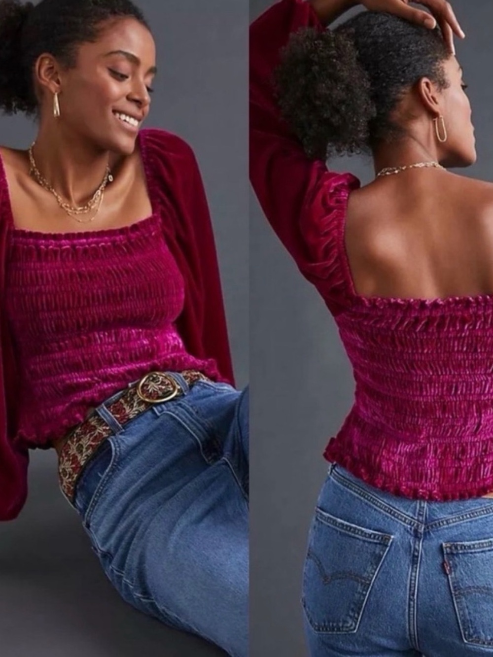 Anthropologie Smocked Velvet Square-Neck Top - Raspberry